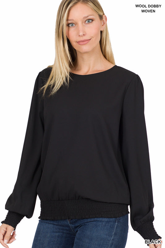 WOVEN WOOL DOBBY PUFF SLEEVE WITH SMOCKED HEM AND CUFFS - BLACK