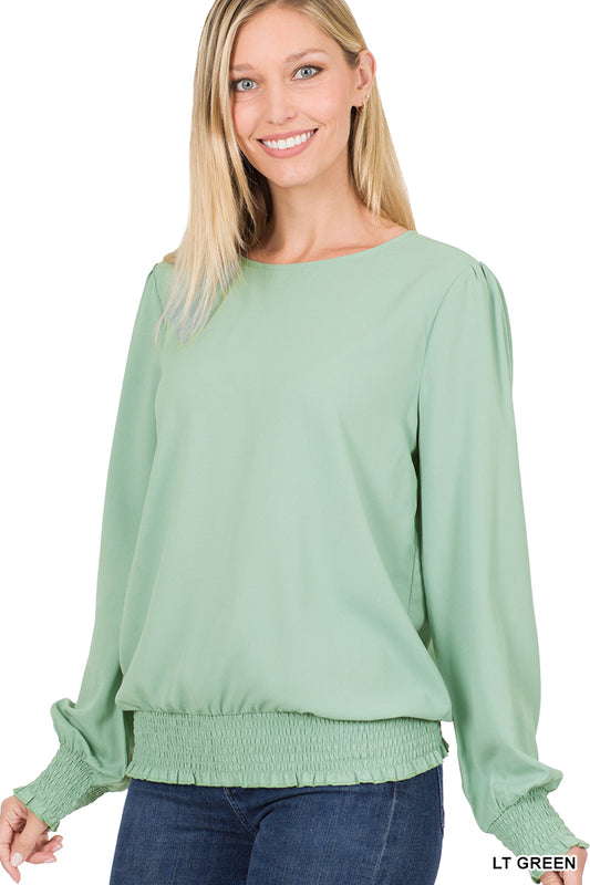 WOVEN WOOL DOBBY PUFF SLEEVE WITH SMOCKED HEM AND CUFFS - LIGHT GREEN