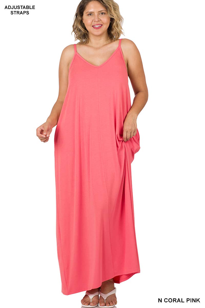 Plus V-neck Cami Maxi Dress - Coral Pink