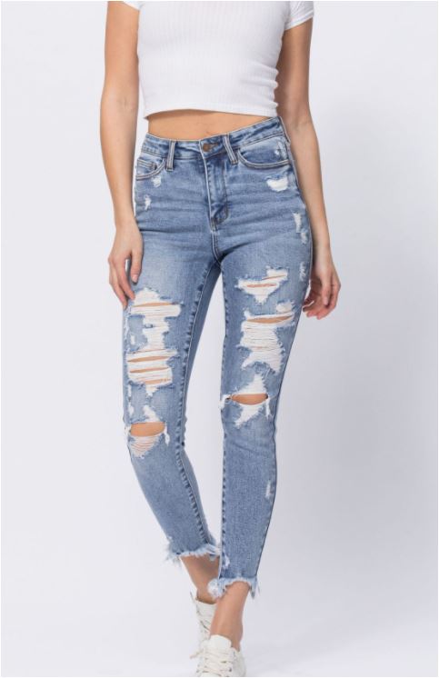 HIGH RISE DESTROYED SHARK HEM SKINNY - Judy Blue
